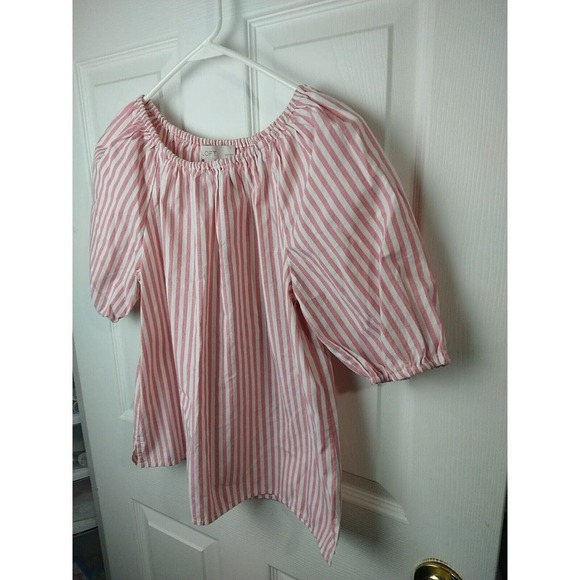 Loft Pink White Striped Casual Peasant Side Slit Blouse. Size SP - Picture 2 of 9